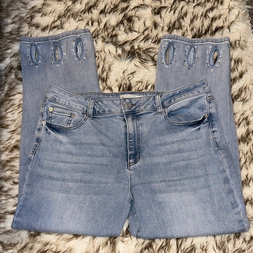 Straight Leg Light Blue Embellished Hem Jeans